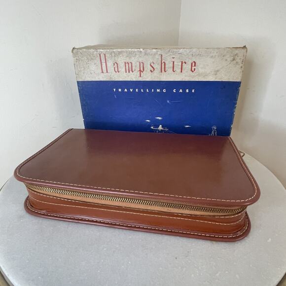 VTG 1950s Brown Leather Vanity Kit Grooming Travel Case MCM Mad Men Barber Shop - Picture 2 of 16